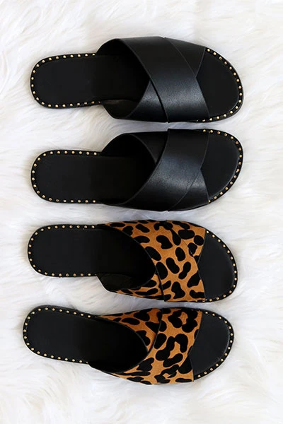 Animal Print X Cross Band Gold Trim Sandals Slides-Leopard Print - Image 4