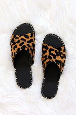 Animal Print X Cross Band Gold Trim Sandals Slides-Leopard Print