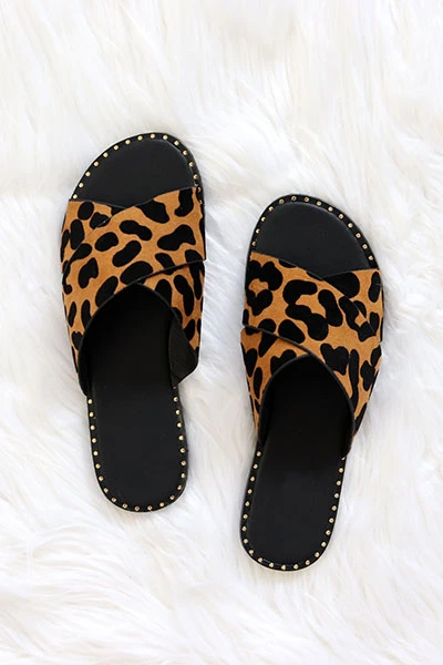 Animal Print X Cross Band Gold Trim Sandals Slides-Leopard Print