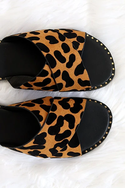 Animal Print X Cross Band Gold Trim Sandals Slides-Leopard Print - Image 2