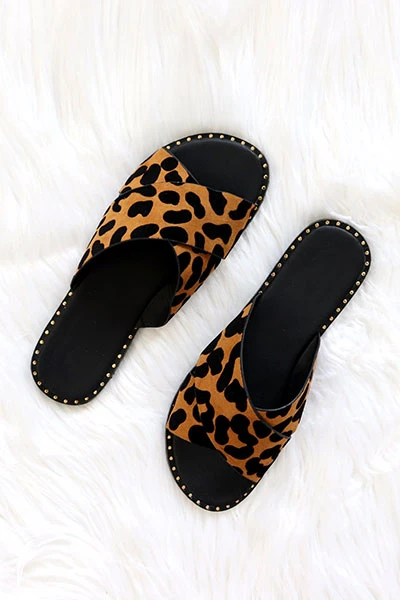 Animal Print X Cross Band Gold Trim Sandals Slides-Leopard Print - Image 3
