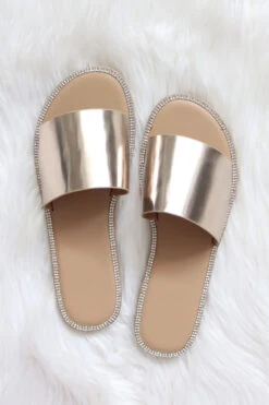 Rhinestone Trim Single Band Sandals Slides-Champagne Gold