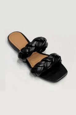 Braided Two Strap Woven Sandals Slides-Black