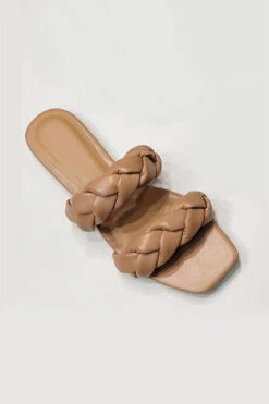 Braided Two Strap Woven Sandals Slides-Camel Brown