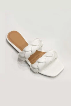 Braided Two Strap Woven Sandals Slides-White