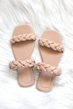 Braided Two Strap Woven Sandals Slides-Taupe Beige
