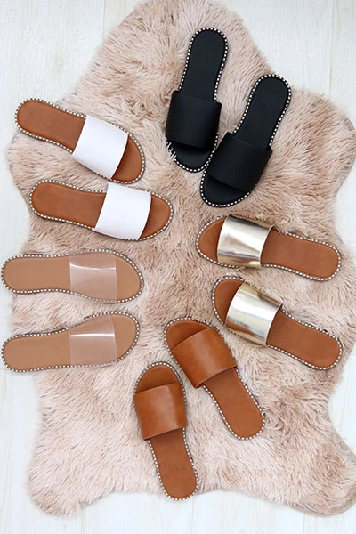 Single Band Gold Trim Sandals Slides-Natural Nude - Image 4