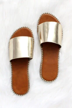 Single Band Gold Trim Sandals Slides-Metallic Gold