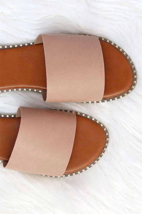 Single Band Gold Trim Sandals Slides-Natural Nude - Image 2