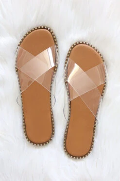 FLASH DEAL: X Cross Band Gold Trim Sandals Slides-Clear (Size 8.5)