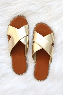 X Cross Band Gold Trim Sandals Slides-Gold