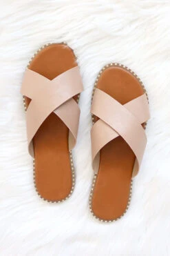 X Cross Band Gold Trim Sandals Slides-Natural Nude