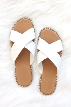 X Cross Band Gold Trim Sandals Slides-White
