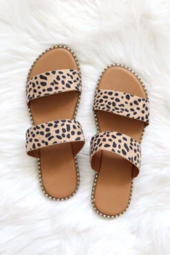 Double Band Gold Trim Sandals Slides-Leopard Print