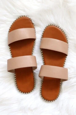 Double Band Gold Trim Sandals Slides-Natural Nude