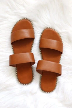 Double Band Gold Trim Sandals Slides-Tan Brown