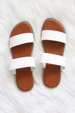 Double Band Gold Trim Sandals Slides-White