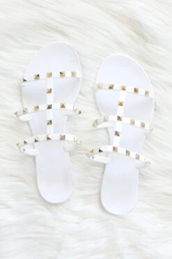 Strappy Studded Flip Flops Jelly Sandals-White