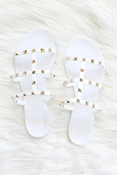 Strappy Studded Flip Flops Jelly Sandals-White