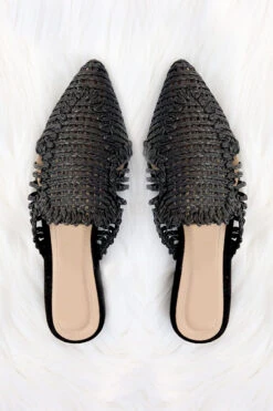 Raffia Pointy Toe Closed Toe Flat Mules Sandals Slides-Black