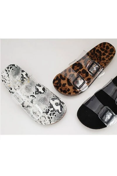 FLASH DEAL: Clear Double Strap Buckle Sandals With Animal Print Sole-Leopard Print (Size 7, 7.5) - Image 4