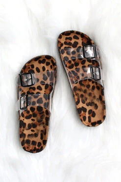 FLASH DEAL: Clear Double Strap Buckle Sandals With Animal Print Sole-Leopard Print (Size 7, 7.5)