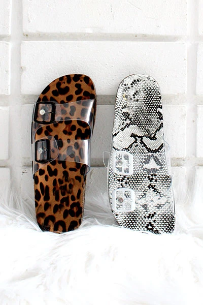 FLASH DEAL: Clear Double Strap Buckle Sandals With Animal Print Sole-Leopard Print (Size 7, 7.5) - Image 2