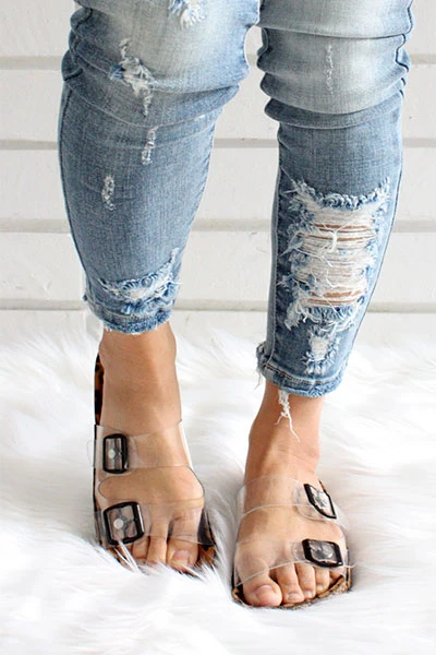 FLASH DEAL: Clear Double Strap Buckle Sandals With Animal Print Sole-Leopard Print (Size 7, 7.5) - Image 3