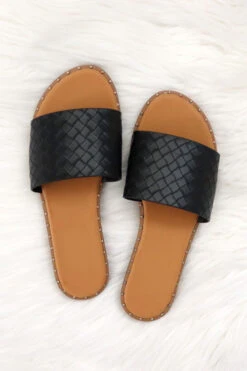Woven Single Band Sandals Slides With Studded Trim-Black