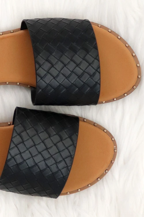 Woven Single Band Sandals Slides With Studded Trim-Black - Image 2