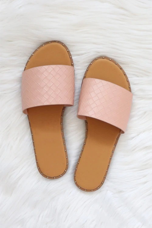 Woven Single Band Sandals Slides With Studded Trim-Blush