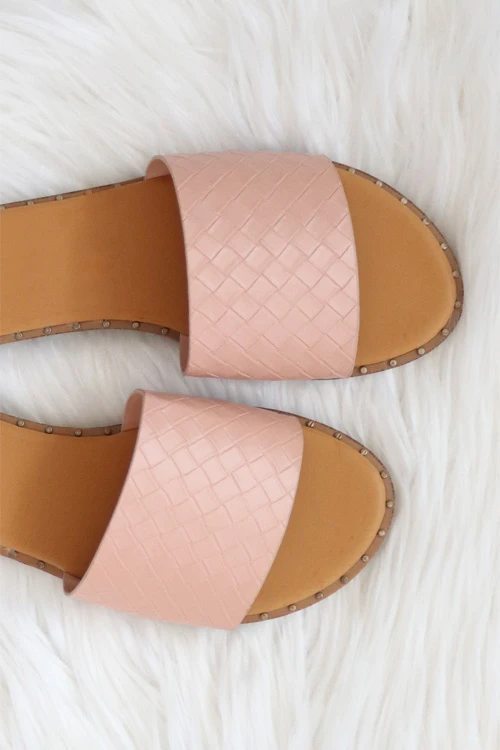 Woven Single Band Sandals Slides With Studded Trim-Blush - Image 2