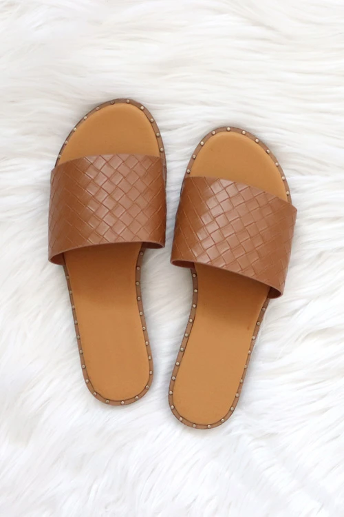 Woven Single Band Sandals Slides With Studded Trim-Tan Brown