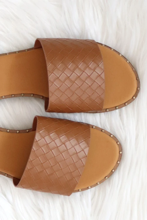Woven Single Band Sandals Slides With Studded Trim-Tan Brown - Image 2