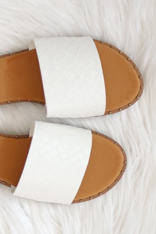 Woven Single Band Sandals Slides With Studded Trim-White - Image 2