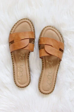 Twist Band Gold Trim Sandals Slides-Tan Brown