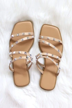 Strappy Studded Sandals With Diagonal Straps-Taupe